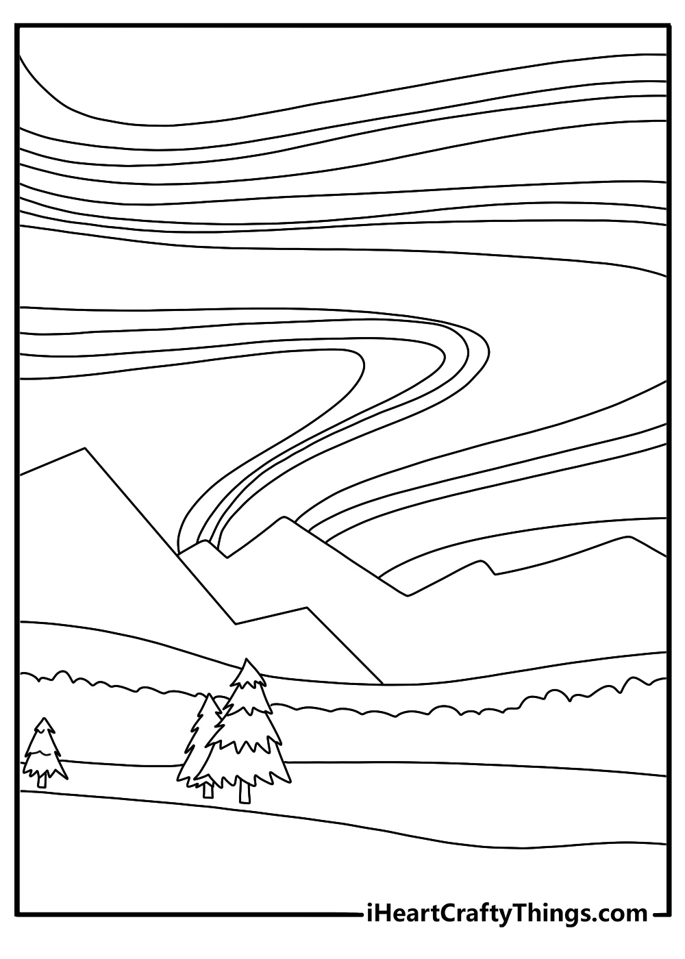 Northern lights over snowy mountains winter coloring sheet