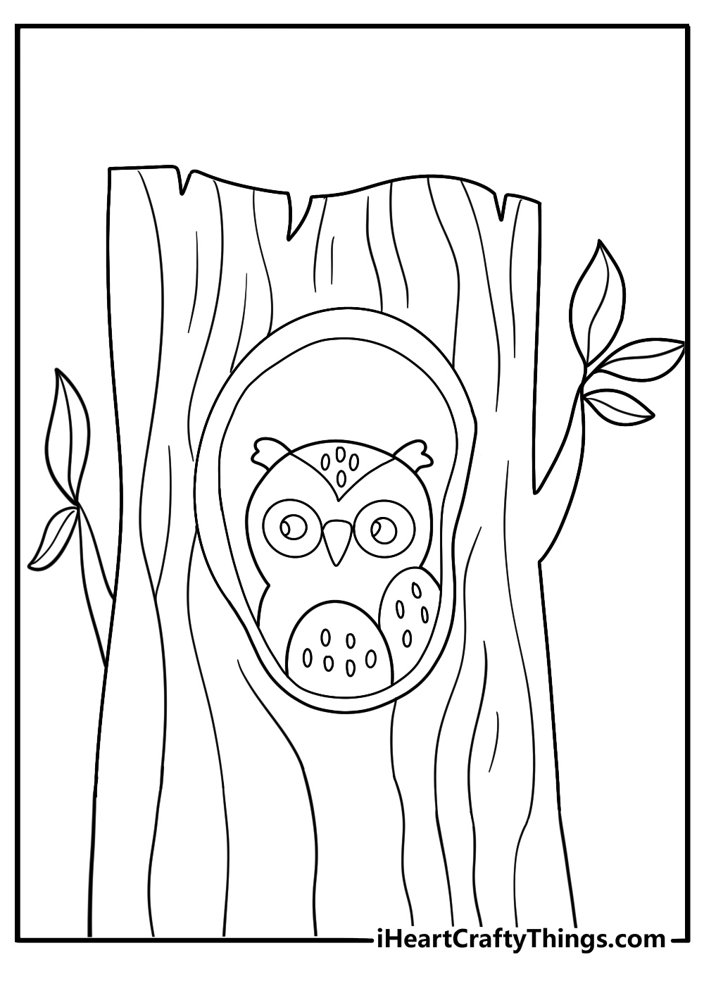 Owls resting inside a hollow snowy tree fun winter coloring page
