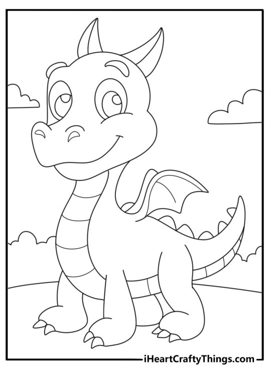 Picture for kids presenting cute cartoony dragon with big round eyes and smile on his face