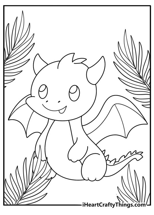 Picture of a cartoony dragon drawn in a simple style surrounded by palm leaves in the background