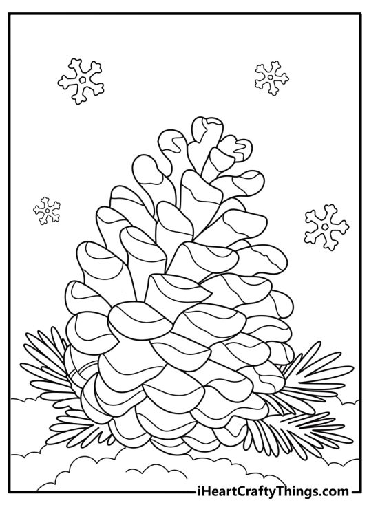 Pinecone with snowflakes easy winter coloring page