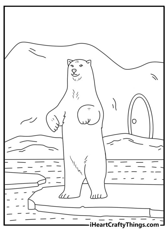 Polar bear on ice platform in cold habitat realistic zoo coloring page