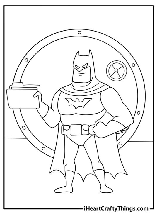 Printable Batman coloring page with Batman opening a vault of crime files