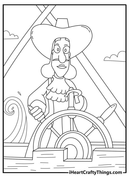 Printable Disney coloring page featuring Captain Hook steering pirate ship wheel at sea