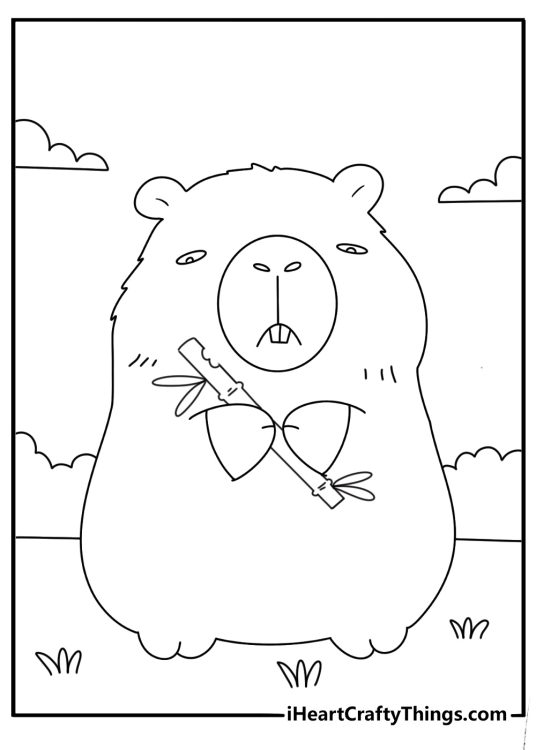 Printable capybara coloring page with a capybara chewing bamboo near rocks