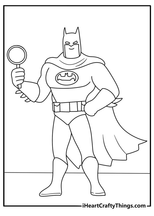 Printable coloring page of Batman holding a detective magnifying glass