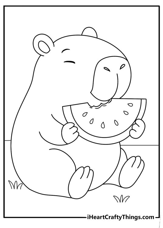 Printable coloring page of a capybara nibbling a melon slice