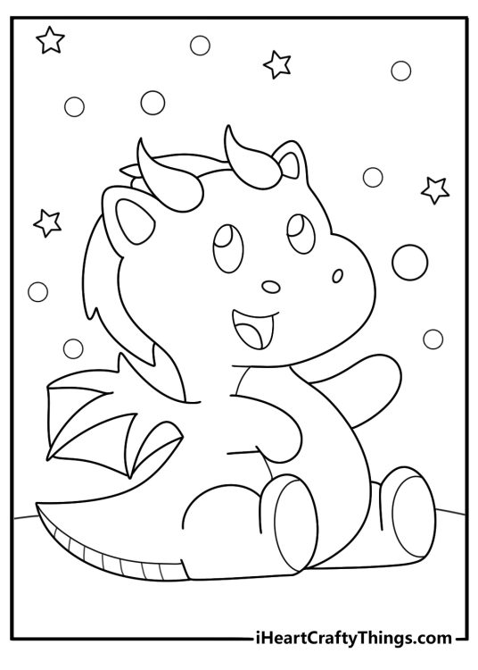 Printable drawing of a cute little dragon sitting calmly surrounded by stars and circles