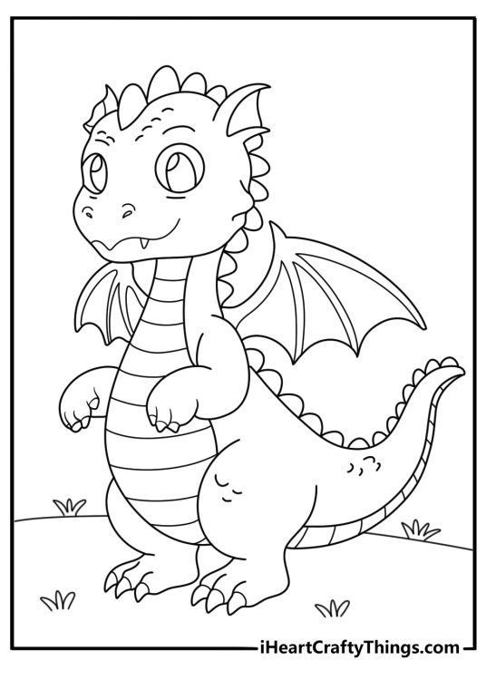 Printable picture for children featuring cute dragon with spikes on the head and back standing on its hind legs
