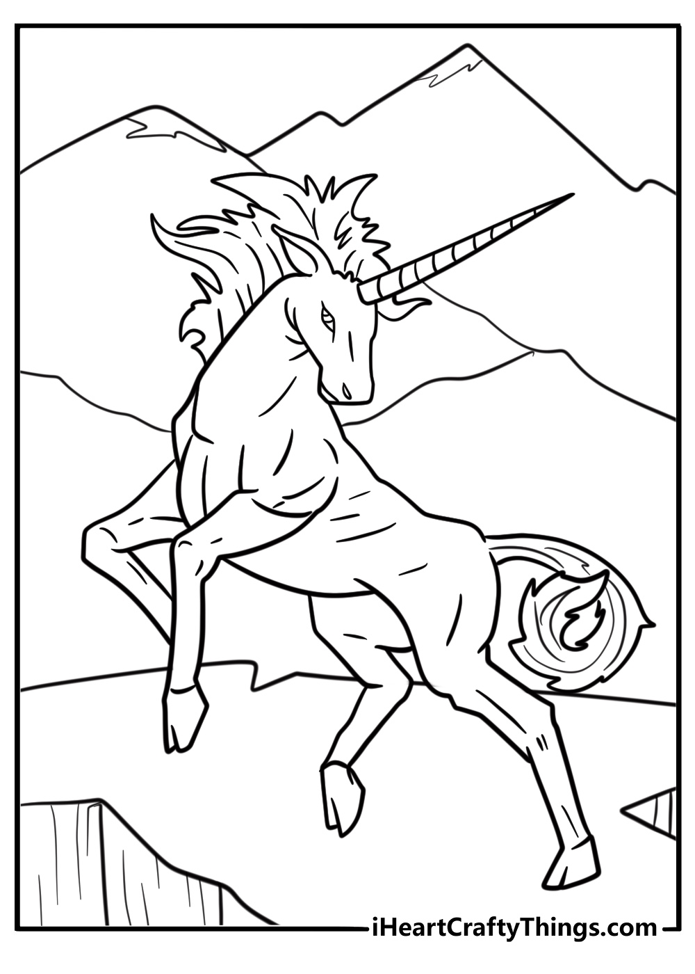 Printable realistic unicorn coloring page in mountains
