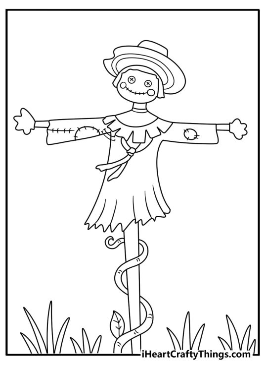 Printable scarecrow coloring page with vines growing around the wooden post