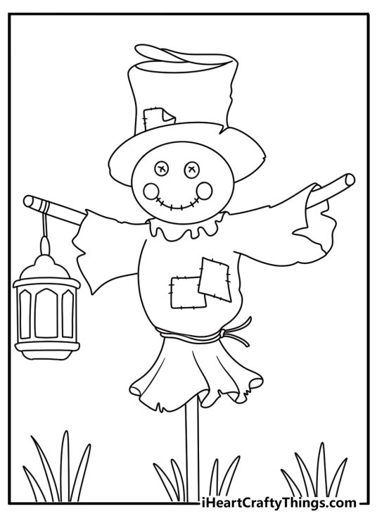 Printable scarecrow page featuring a lantern hanging from one hand