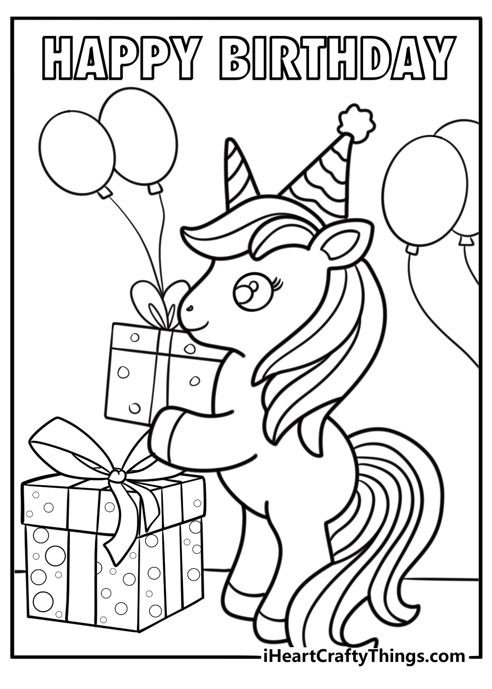 Printable unicorn birthday coloring page with balloons and presents