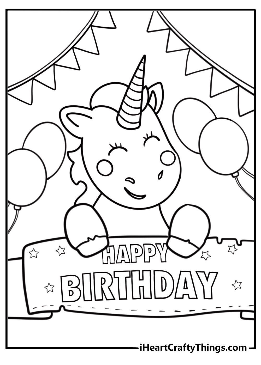 Printable unicorn coloring page with “Happy Birthday” banner