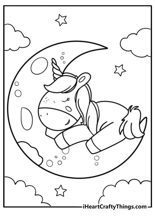 Printable unicorn coloring page with a sleeping unicorn on a moon