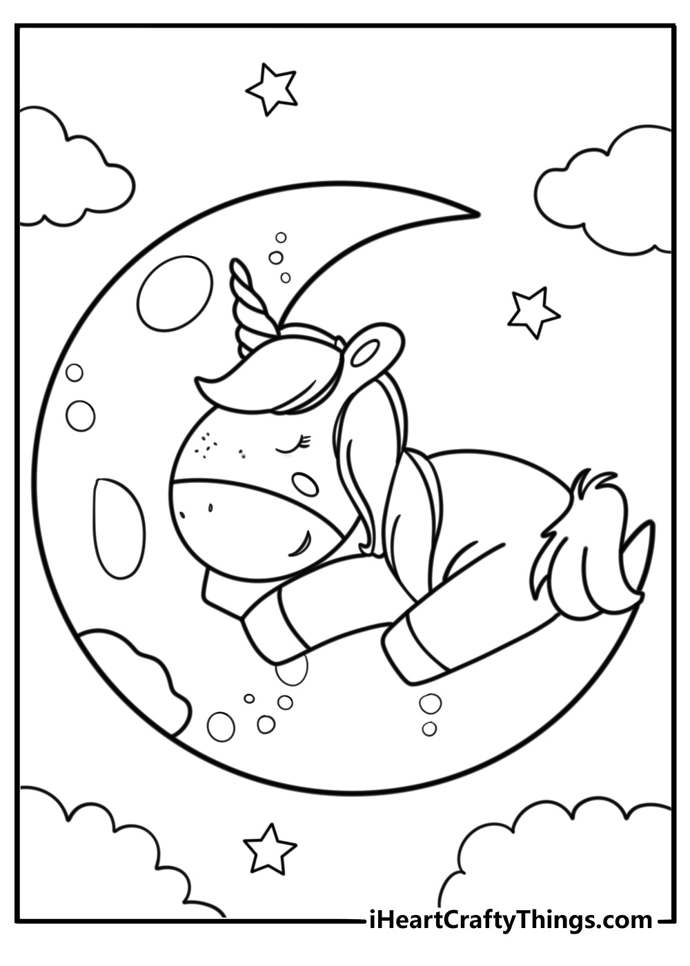 Printable unicorn coloring page with a sleeping unicorn on a moon