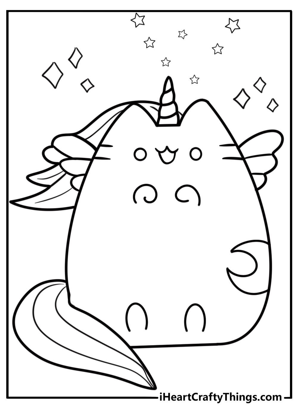 Pusheen unicorn coloring page with tail and sparkles