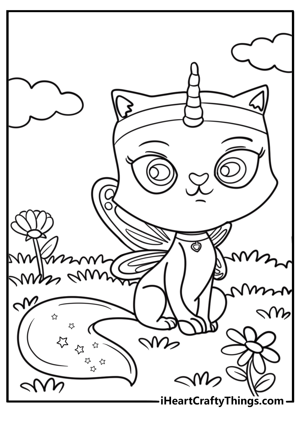 Rainbow butterfly unicorn kitty coloring page with wings