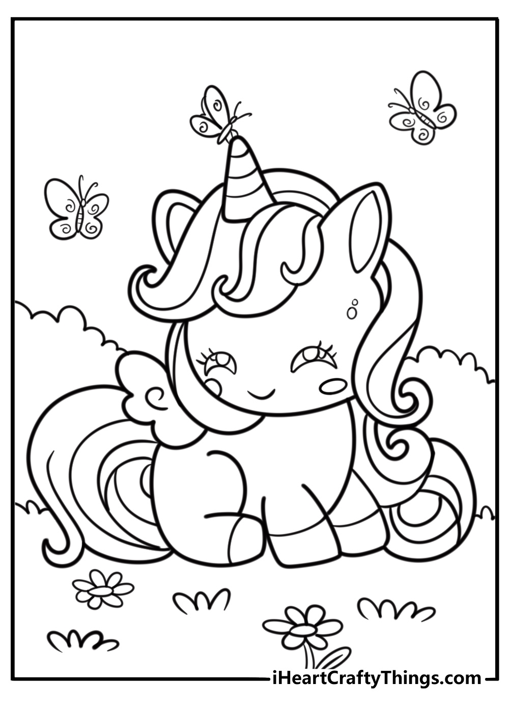 Rainbow cute unicorn coloring page with butterflies