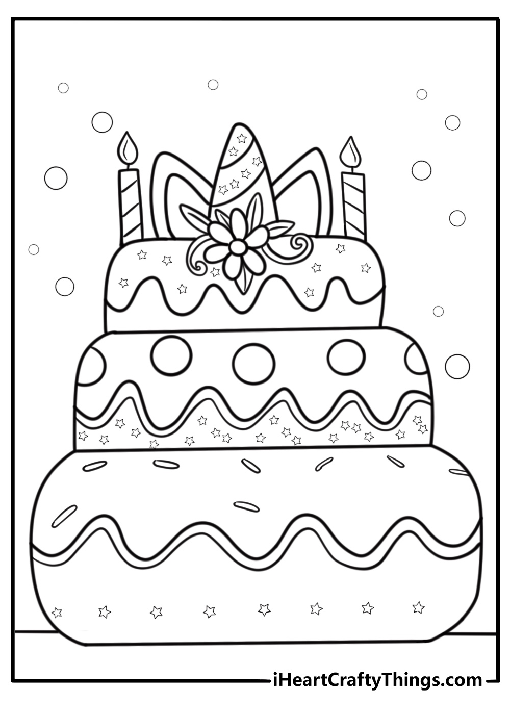 Rainbow unicorn cake coloring page with icing and candles