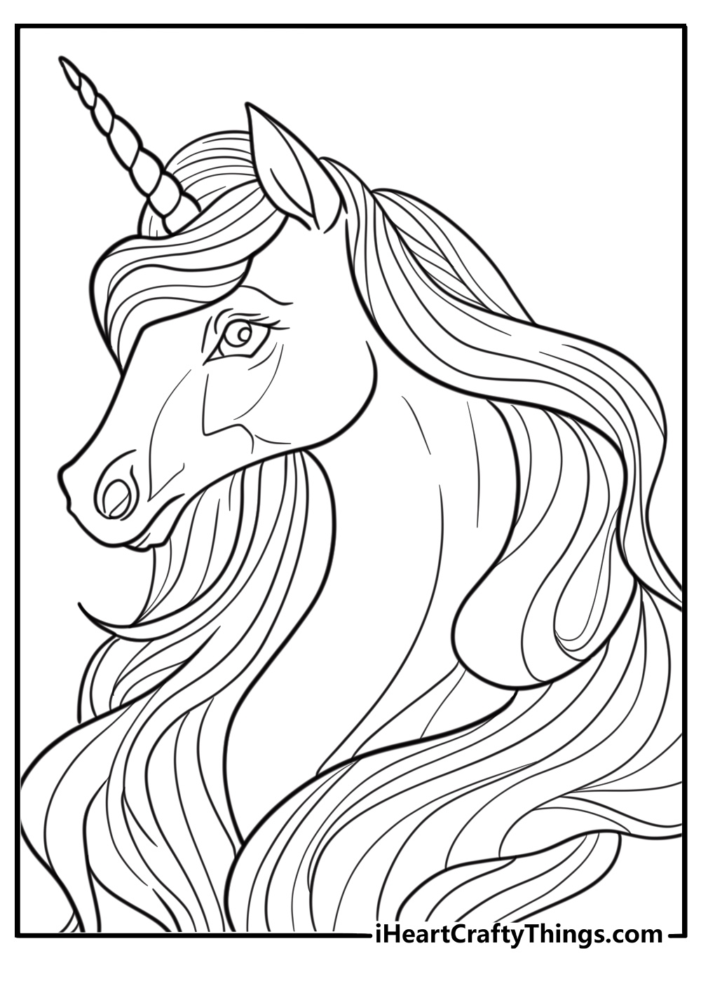 Realistic unicorn coloring page in a forest setting