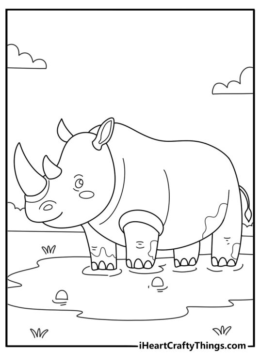 Rhino standing near mud pool simple zoo animal coloring page