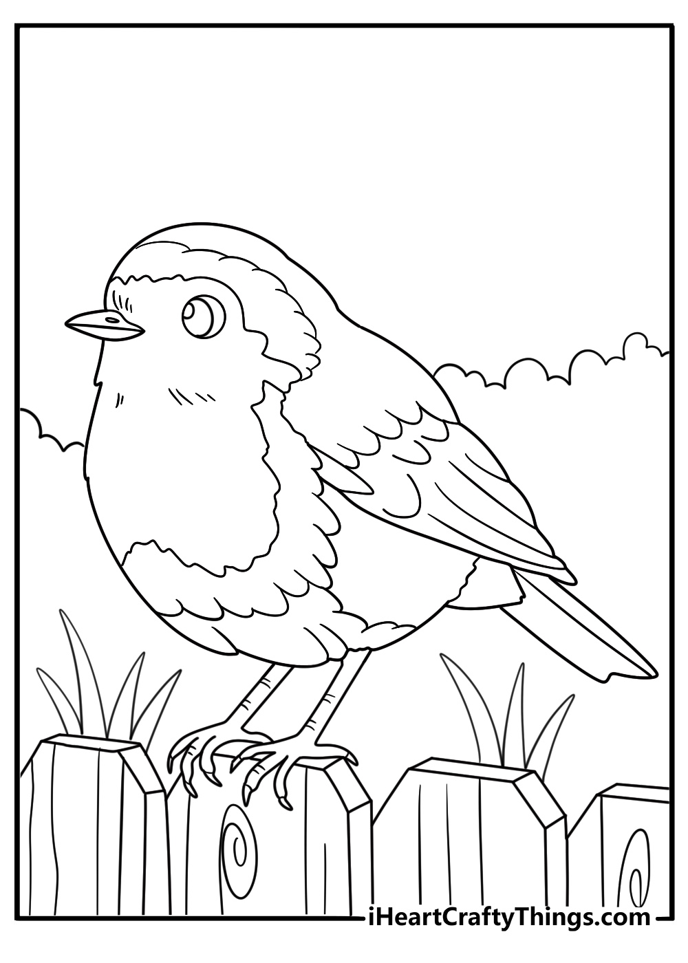 Robin bird on snowy fence post winter coloring sheet