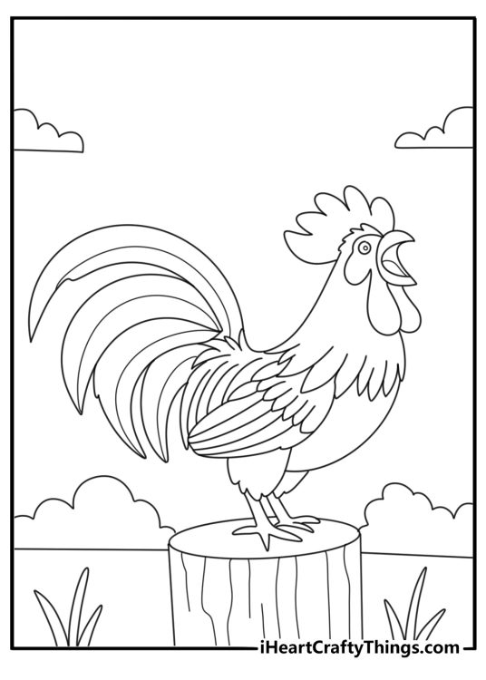 Rooster with colorful feathers coloring page for kids