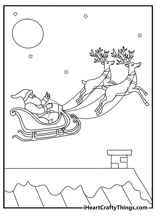 Santa sleigh flying over snowy rooftops printable coloring page