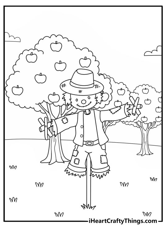 Scarecrow coloring page showing an old figure beside an apple orchard