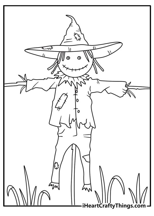 Scarecrow coloring pages printable showing an old hat resting on a farm crate