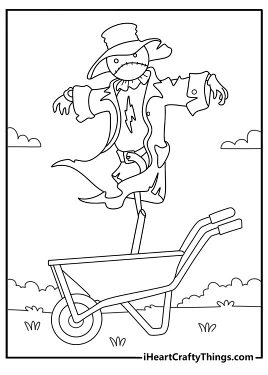 Scarecrow coloring pages scene showing a wheelbarrow beside the garden