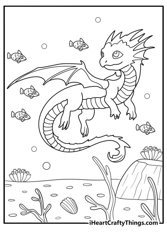 Sea dragon gliding above coral and fish simple printable pdf