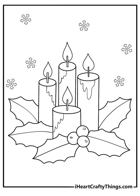 Simple Christmas candle with holly leaves coloring sheet for kids