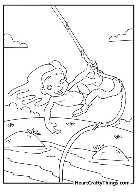 Simple Disney coloring page with Tarzan swinging on jungle vine above river