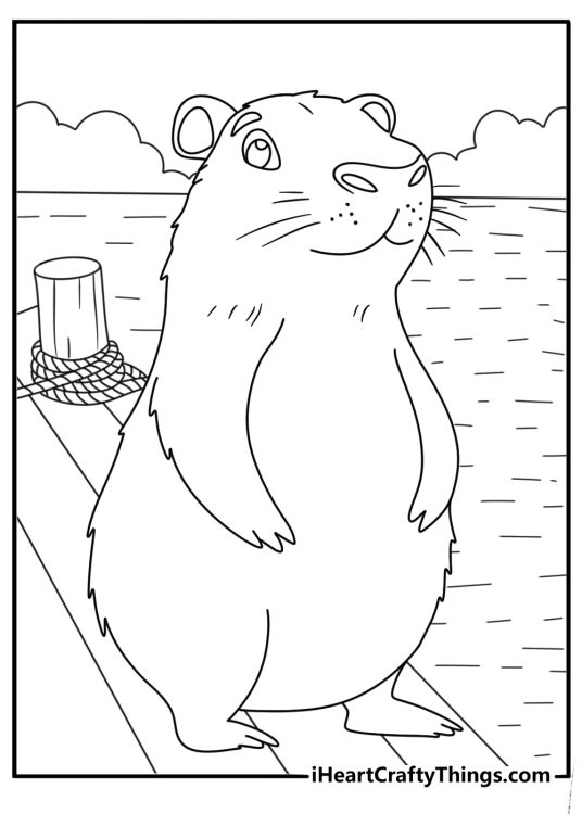 Simple capybara coloring sheet with a capybara standing on a wooden dock