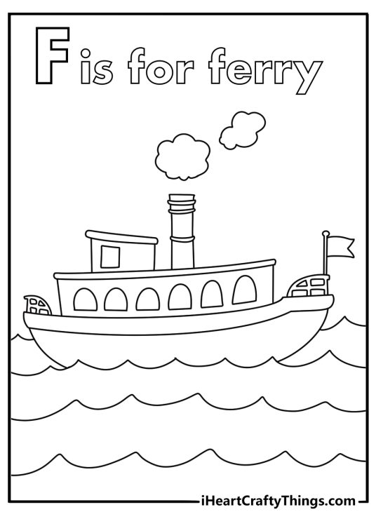 Simple coloring page with the letter F and a ferry on river waves