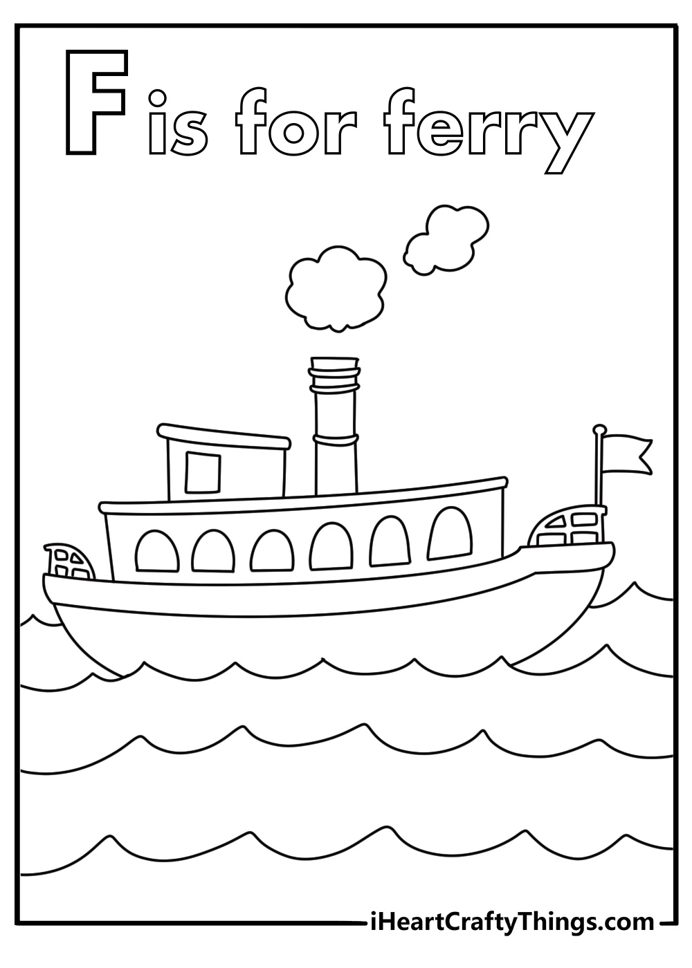 Simple coloring page with the letter F and a ferry on river waves
