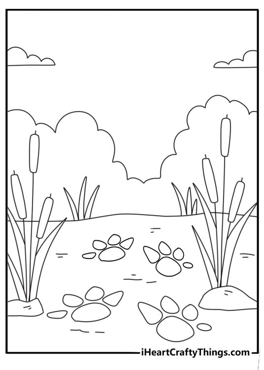 Simple printable capybara coloring sheet with a capybara paw print and reeds