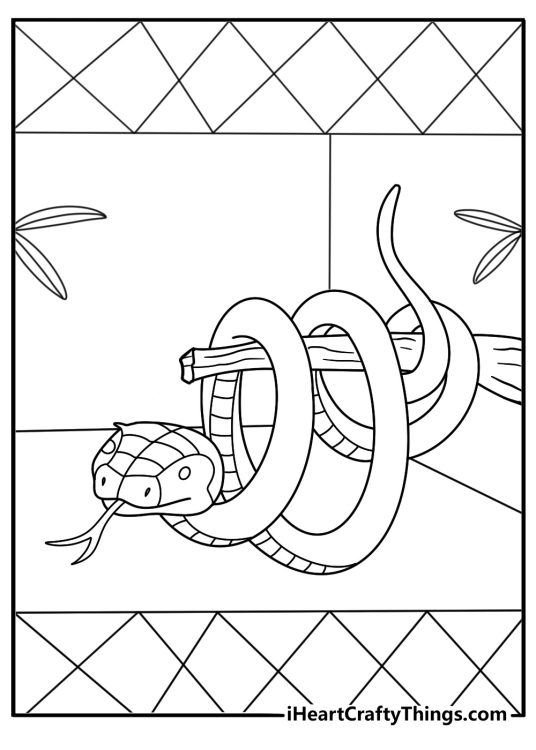 Snake coiled around branch in reptile house detailed zoo coloring page