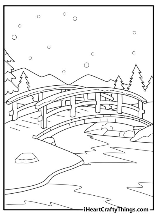 Snow covered bridge over frozen river winter coloring page