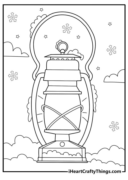 Snow covered lantern glowing in the night printable coloring page