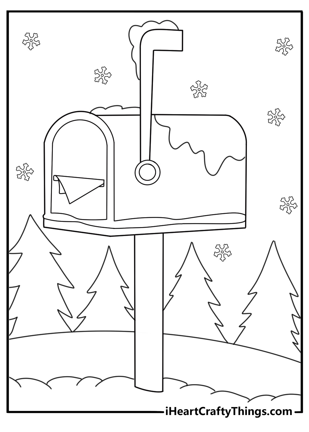 Snow covered mailbox with letters inside simple coloring sheet