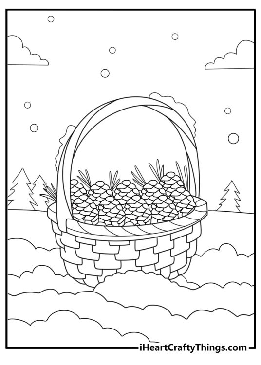 Snow covered pinecones in a basket printable winter coloring sheet