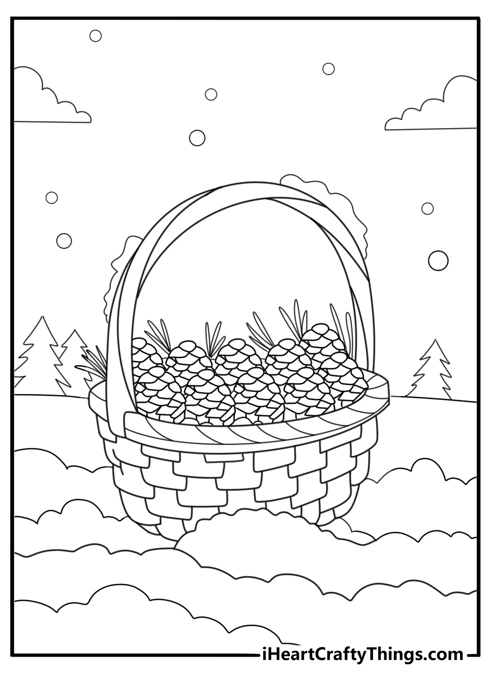 Snow covered pinecones in a basket printable winter coloring sheet