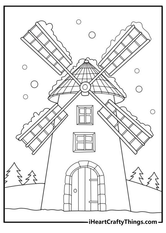 Snow covered windmill in the countryside detailed coloring sheet
