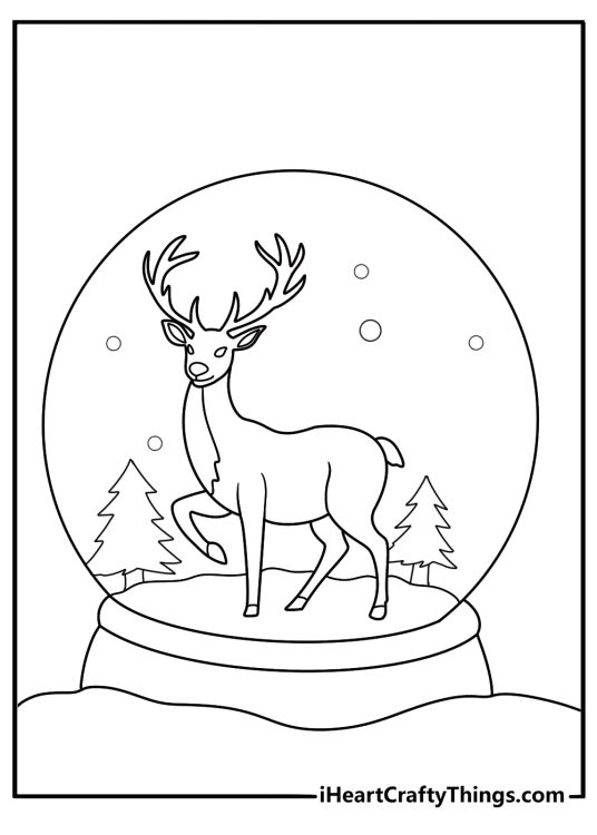 Snow globe with reindeer inside fun cartoon coloring page
