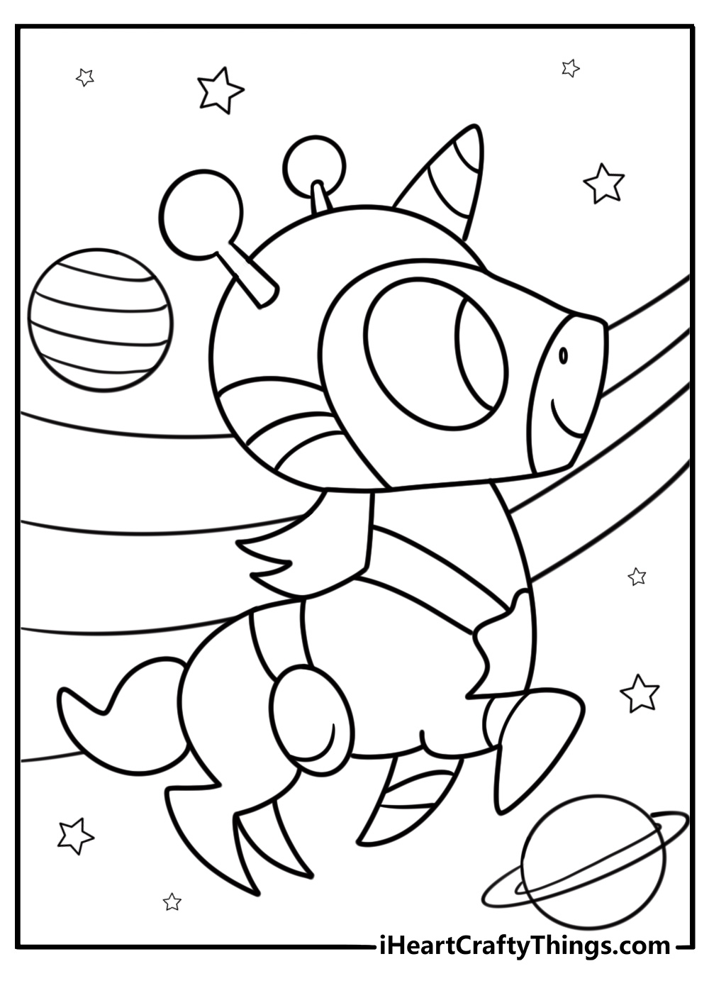 Space unicorn coloring page with stars and planets