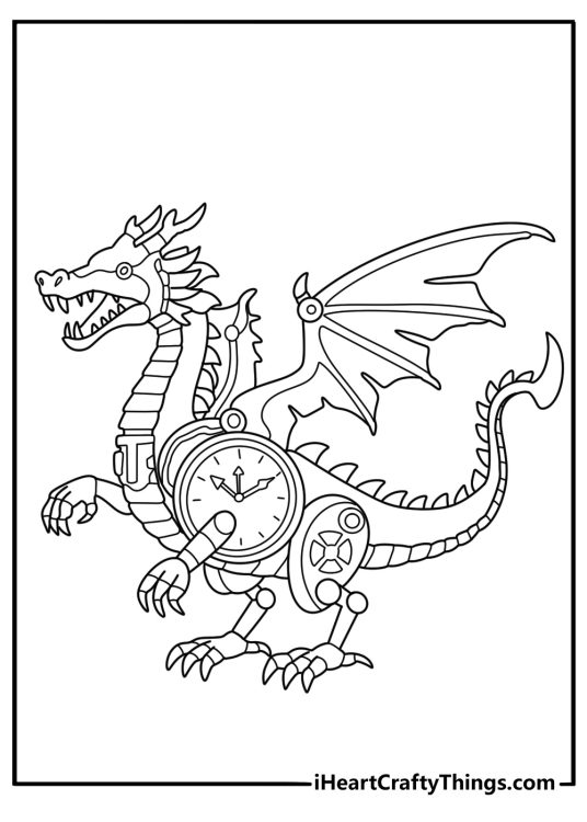 Steampunk dragon with gears and goggles advanced coloring page for adults