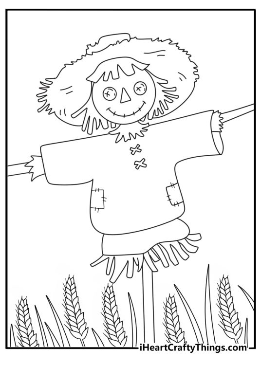 Tall wheat surrounds an old scarecrow in this free coloring printable